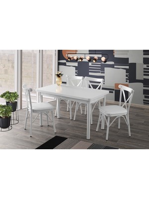 Sweet Home 4 Çapraz Sandalye ile Beyaz Sabit Masa 75 cm Yükseklik 70 cm Genişlik Modern Tasarım