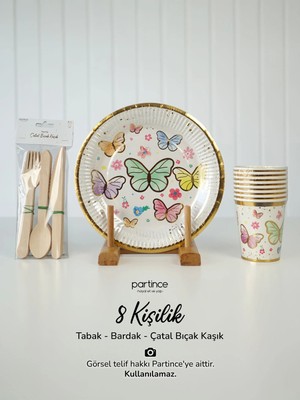 Partince 8 Kişilik Makaron Gold Yaldızlı Kelebek Kullan At Karton Kullan At Tabak Bardak Çatal Kaşık Bıçak Parti Seti