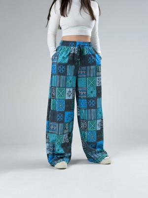 Cocopelli Blue Kadın Patchwork Oversize Pantolon COC2939