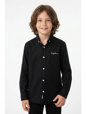 FullaModa Yazı Baskılı Kolu Katlamalı Erkek Çocuk Gömlek