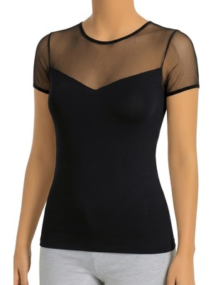 Öts Kadın T-Shirt Transparan Tül Detaylı (%90 Viskon - %10 Elastan)