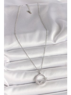 316L Çelik Gümüş Renk Zincir Zirkon Taşlı Ay Yıldız Model Sonsuzluk Detay Kadın Kolye