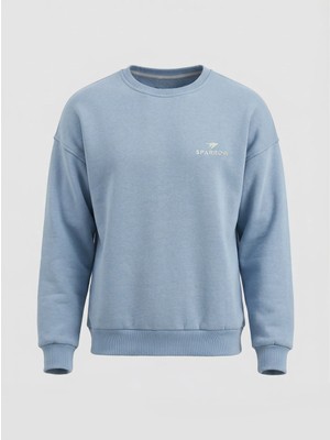 Sparrow Oversize Bisiklet Yaka Şardonlu Erkek Sweatshirt 3 Iplik Pamuklu Mavi - 2xl