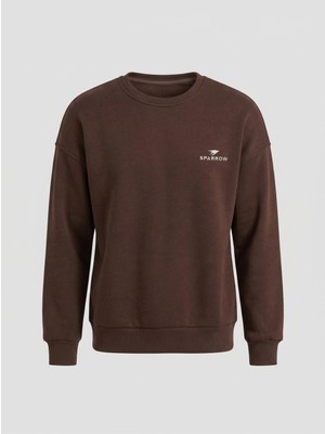 Sparrow Oversize Bisiklet Yaka Şardonlu Erkek Sweatshirt 3 Iplik Pamuklu Kahverengi - Xl