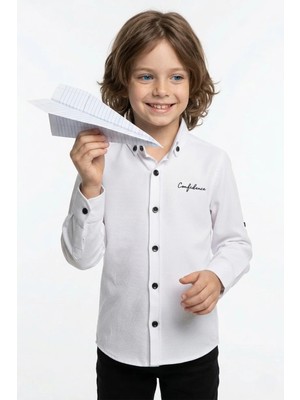 FullaModa Yazı Baskılı Kolu Katlamalı Erkek Çocuk Gömlek