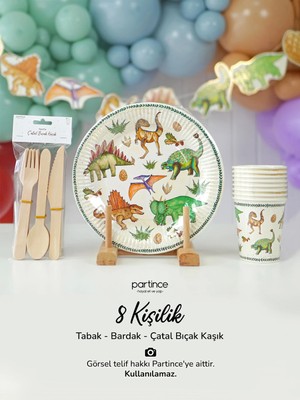 Partince 8 Kişilik Dinozor Tema Kullan At Karton Tabak Bardak Çatal Kaşık Bıçak Parti Seti