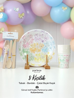 8 Kişilik Fiyonk Tema Kullan At Karton Popcorn Mısır Kutusu- Tabak-Bardak-Çatal Kaşık Bıçak Parti Seti