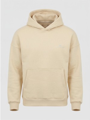 Sparrow Unisex Oversize Pamuklu Kanguru Cepli Basic 3 Iplik Nakışlı Kapüşonlu Sweatshirt Bej - L