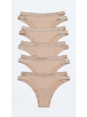 5 Adet 1 Paket Kahve Çift File Lastikli Lazer Kesim Brezilya Külot