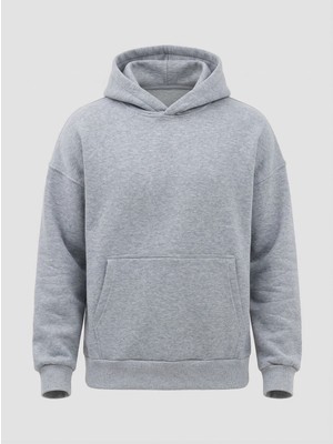 Sparrow Erkek Oversize Pamuklu Kanguru Cepli 3 Iplik Basic Kapüşonlu Sweatshirt Gri - L