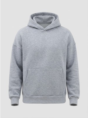 Sparrow Erkek Oversize Pamuklu Kanguru Cepli 3 Iplik Basic Kapüşonlu Sweatshirt Gri - M