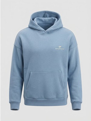 Sparrow Unisex Oversize Pamuklu Kanguru Cepli Basic 3 Iplik Nakışlı Kapüşonlu Sweatshirt Mavi - M