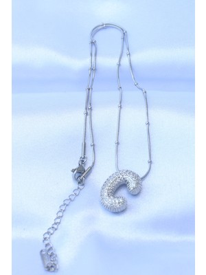 316L Çelik Zincirli Zirkon Taşlı C Harfli Gümüş Renk Bubble Kolye