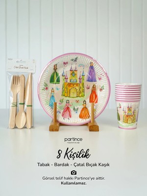 Partince 8 Kişilik Prenses Tema Kullan At Karton Tabak Bardak Çatal Kaşık Bıçak Parti Seti