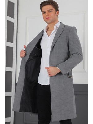 Dewberry PLT8400 Erkek Palto Gri Yün Malzemeden Uzun Kol Orta Kalınlık Düz Desenli 2XL