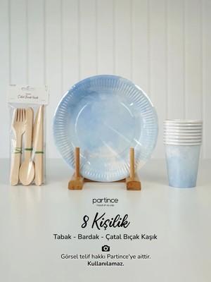Partince 8 Kişilik Makaron Mavi Tema Kullan At Karton Tabak Bardak Çatal Kaşık Bıçak Parti Seti