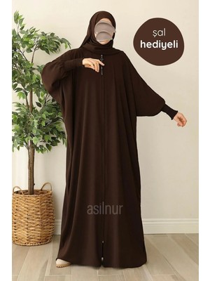 Asilnur Ebru Yarasa Kollu Ferace Şal Hediyeli Takım Kahverengi