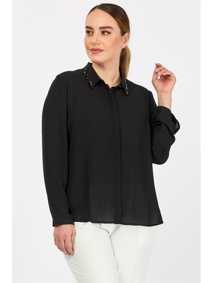 Pera Club Kadın Büyük Beden Siyah Gömlek Klasik Stil Yaka Boncuklu Uzun Kol