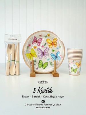 Partince 8 Kişilik Pastel Kelebek Çiçek Tema Kullan At Karton Tabak Bardak Çatal Kaşık Bıçak Parti Seti