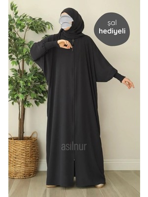 Asilnur Ebru Yarasa Kollu Ferace Şal Hediyeli Takım Füme