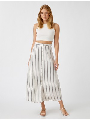 Koton Düğmeli Midi Etek Keten Karışımlı