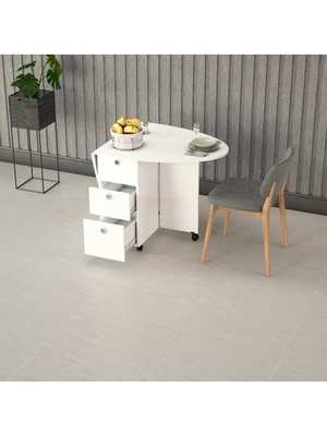 Asra Trend MDF Oval Katlanır Mutfak Yemek Çalışma Masası, 3 Çekmeceli, Beyaz, KM-08
