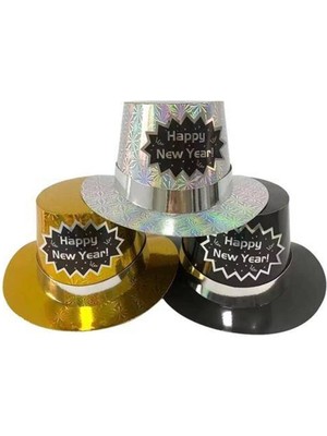 Parti Show Yılbaşı Happy New Year Fötr Şapka Hologramlı Gümüş 1 Adet