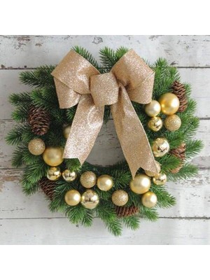 Parti Show Yılbaşı Top - Kozalak - Fiyonklu Çelenk Kapı Süsü Gold 33 cm