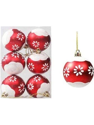 Parti Show Kırmızı Beyaz Çiçekli Yılbaşı Topu 6 Adet 6 cm