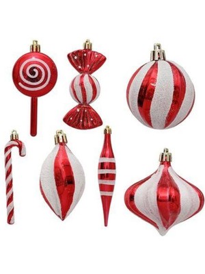 Parti Show Şeker - Top ve Baston Simli Çizgili Yılbaşı Ağacı Süsü Seti 14 Parça