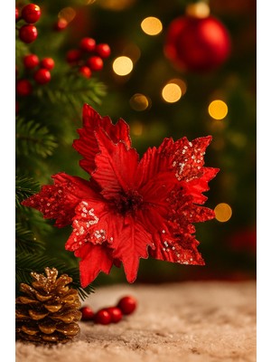 Parti Show 28 cm Kırmızı Pullu Tomurcuklu Uzun Saplı Ponsetya – Lüks Yılbaşı Çiçeği