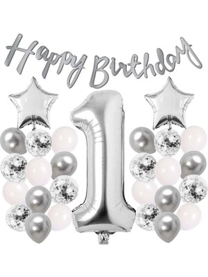 Patladı Gitti Gümüş Konsept 1 Yaş Doğum Günü Kutlama Seti Beyaz Gümüş Konfetili Balon Rakam Yıldız Folyo ve Banner