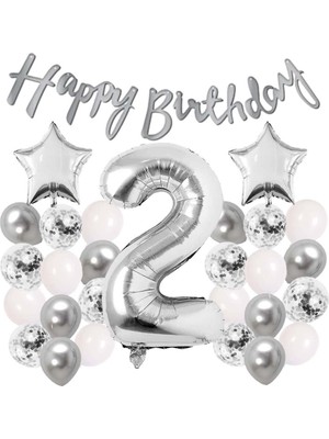 Patladı Gitti Gümüş Konsept 2 Yaş Doğum Günü Kutlama Seti Beyaz Gümüş Konfetili Balon Rakam Yıldız Folyo ve Banner