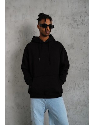 Giyim Center Erkek Düz Üç Iplik Pamuklu Kapüşonlu Sweat - Siyah