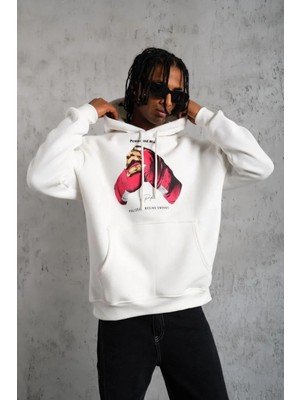 Giyim Center Erkek Eldiven Baskılı  Üç Iplik Pamuklu Kapüşonlu Sweat - Beyaz