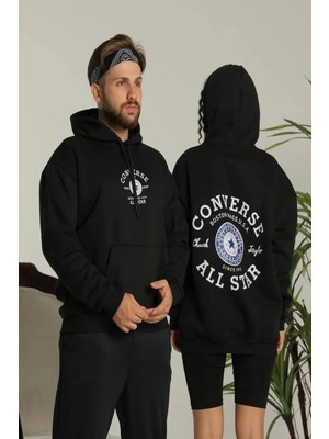 Giyim Center Erkek Sırt Baskılı Oversize Üç Iplik Kapüşonlu Hoodie Sweatshirt - Siyah