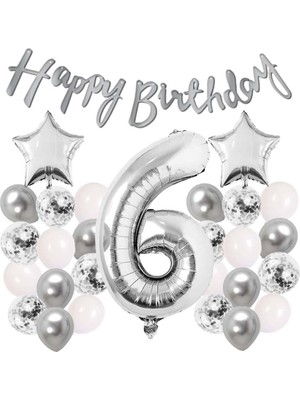 Patladı Gitti Gümüş Konsept 6 Yaş Doğum Günü Kutlama Seti Beyaz Gümüş Konfetili Balon Rakam Yıldız Folyo ve Banner