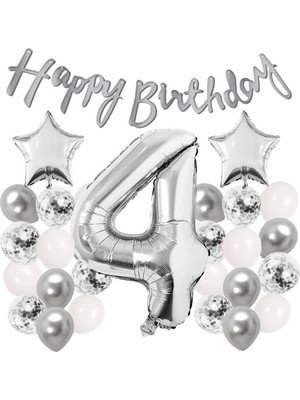 Patladı Gitti Gümüş Konsept 4 Yaş Doğum Günü Kutlama Seti Beyaz Gümüş Konfetili Balon Rakam Yıldız Folyo ve Banner