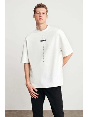 Giyim Center Erkek Baskılı Oversize  Kısa Kol T-Shirt - Beyaz