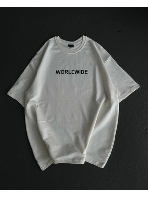 Giyim Center Kadın Bisiklet Yaka Baskılı Oversize T-Shirt - Beyaz