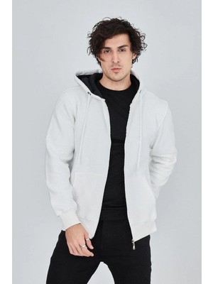 Giyim Center Erkek Kapüşonlu Düz Fermuarlı  Üç Iplik Pamuklu Hırka - Beyaz