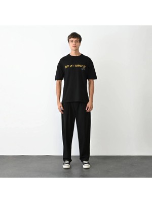 Giyim Center Erkek Bisiklet Yaka Baskılı Oversize T-Shirt - Siyah