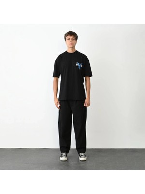 Giyim Center Erkek Bisiklet Yaka Baskılı Oversize T-Shirt - Siyah