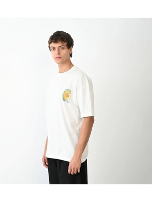 Giyim Center Erkek Bisiklet Yaka Baskılı Oversize T-Shirt - Beyaz