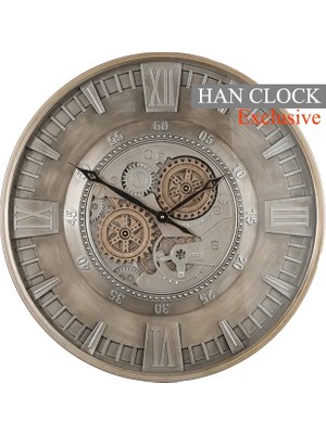 Han Clock Silver Line Gear Metal Çarklı Duvar Saati (Gümüş-Altın)