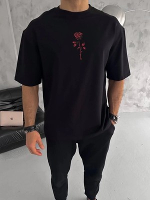 Giyim Center Erkek Bisiklet Yaka Baskılı Oversize  Kısa Kol T-Shirt - Siyah