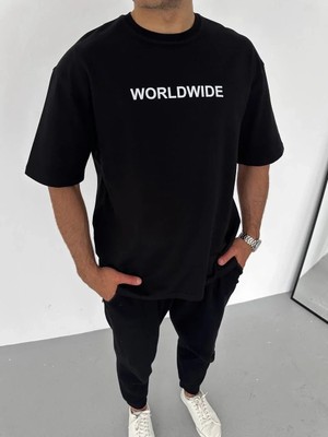 Giyim Center Erkek  Bisiklet Yaka Baskılı Oversize T-Shirt - Siyah