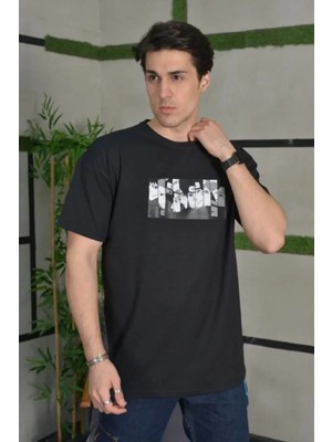 Giyim Center Erkek Bisiklet Yaka Baskılı Kısa Kol  Oversize T-Shirt - Siyah