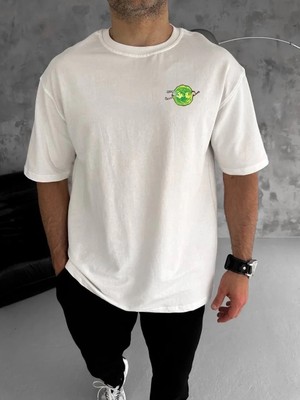 Giyim Center Erkek Bisiklet Yaka Baskılı Oversize T-Shirt - Beyaz