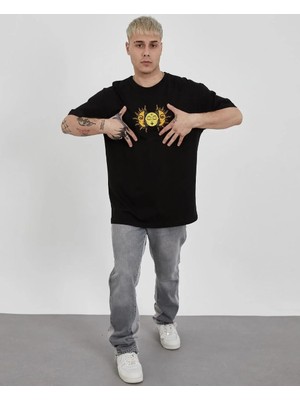 Giyim Center Erkek Bisiklet Yaka Baskılı Oversize T-Shirt - Siyah